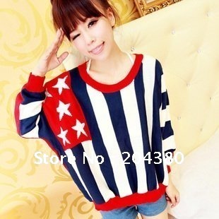 The Korean version of women 2012 Autumn New Europe and the United States flag bat loose stripe knit sweater