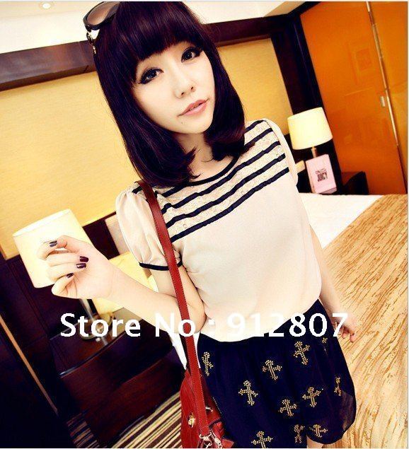 The Korean version of women's 2012 summer new fashion striped Lace Chiffon shirt shirts women tee leisure.