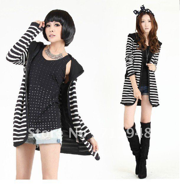 The latest style Casual black and white striped hooded long sweater coat  Outerwear free shipping