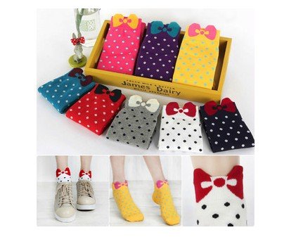 The lovely ladies socks cotton socks bow wave point Nvwa dot boat socks