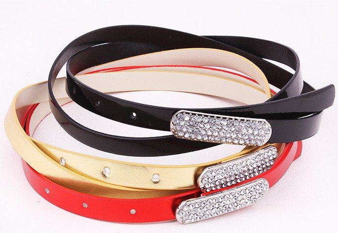 The Most Popular in 2012 Women's PU Leather  Thin Waist Belt With Diamond Buckle,Free Shipping