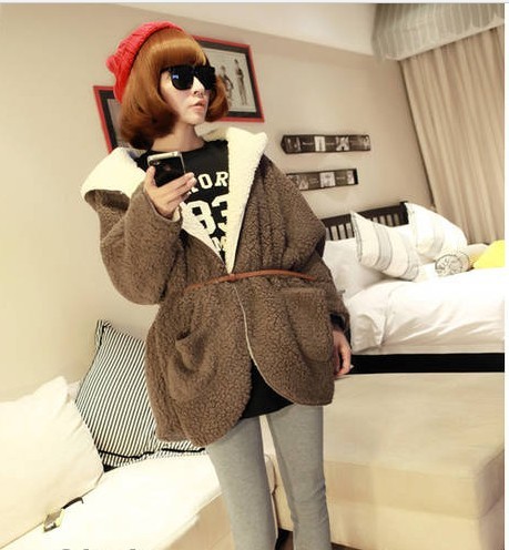 The new 2013 Korean winter fur plush coat female hooded long section of lamb's wool coat double coat