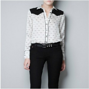 The New Europe And The United States Square Horse Collar Shoulder Black Pattern Print Shirt