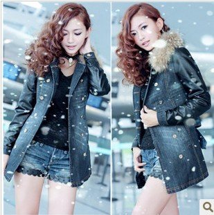 The new fashion womens clothing grow upset cowboy dust coat pu leather splicing coat fox collars coat free shipping
