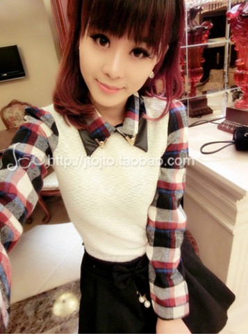 the new one Vintage patchwork plaid faux leather double turn-down collar top metal