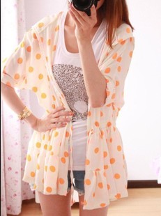the new one Women's neon color polka dot with a hood sun protection clothing beach suit chiffon outerwear