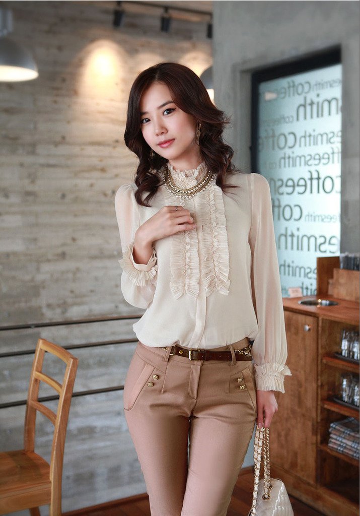 The new spring and summer 12 han women's pressure fold falbala long-sleeved shirt chiffon shirt  NZ005