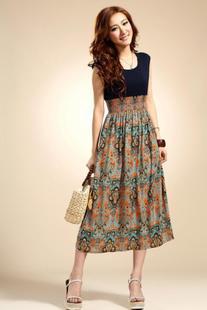 The new spring and summer dress 2013 Bohemian national wind dress long thin broken flower skirt