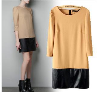 The new spring clothing hubble-bubble sleeve round collar PU leather splicing seven points sleeve dress