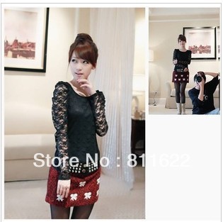 The new spring Slim new Korean Lace Puff black and white round neck long-sleeved T-shirt bottoming shirt free shipping
