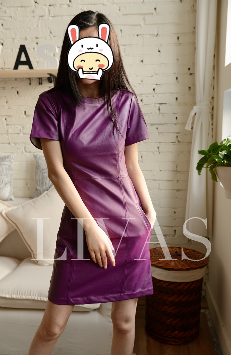 The nomhon livas hong kong style exquisite pearlescent color leather short-sleeve dress