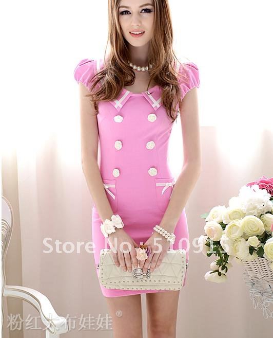 The pink big doll quality goods 2012 summer wear new cultivate one's morality tight double-breasted bubble short-sleeved dress