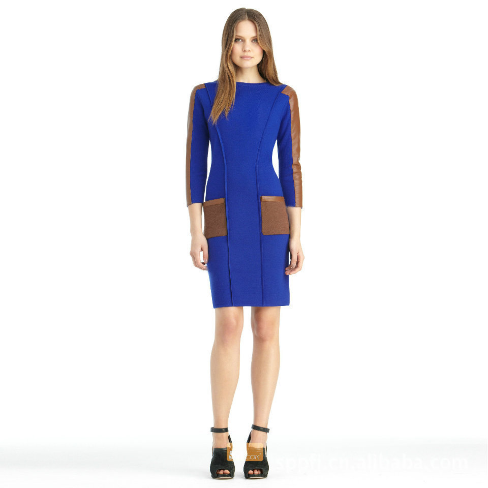 The quality ladies 2012 Hitz Slim European and American fashion knitted fight imitation leather dress high fashion