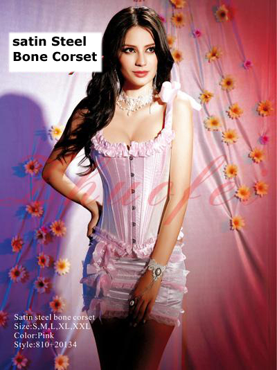 The Satin steel bone corset in pink, white and red colors to choose