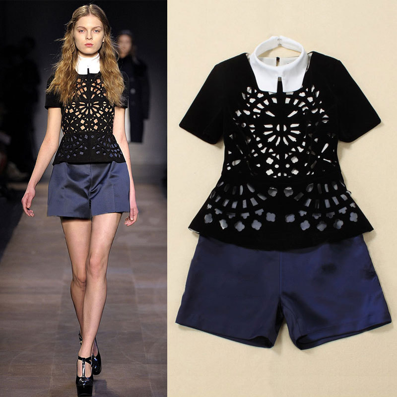 The spring and summer of 2013 women 's paper-cut hollow skirt velvet Dickie jacket shorts two piece set