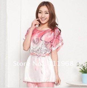 The summer lady cotta SILK PAJAMA SET coral printing bat sleeve Shorts Silk and rayon mixed Rhinestone trim