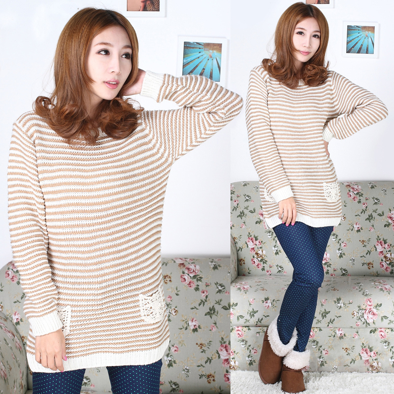 The trend of winter women's sweater needle stripe color block o-neck loose thickening