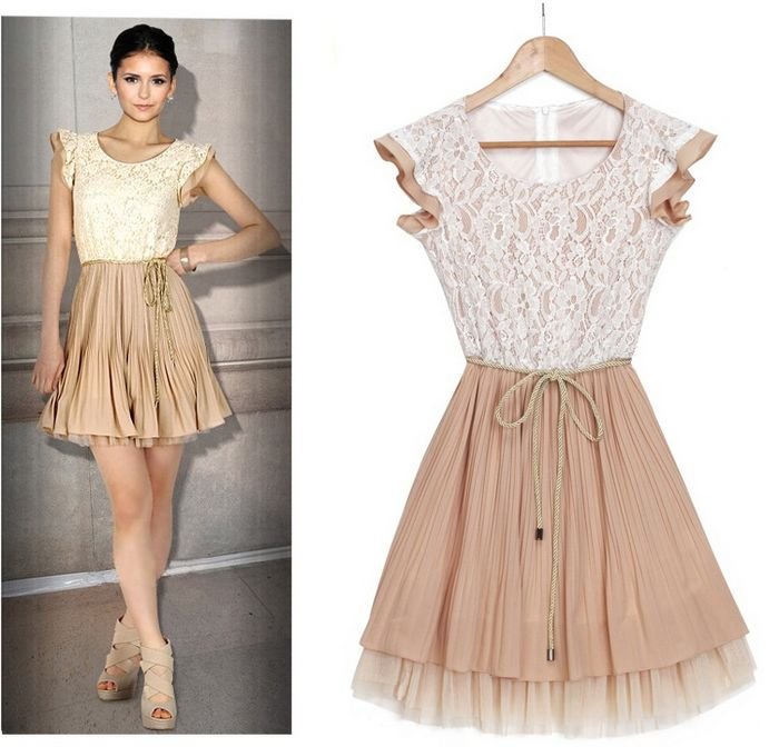 The Vampire Diary Nina Dobrev Lace Pleated Ombre Dress with Woven Belt Film Star Celebrity Party Dresses Free Shipping yn021