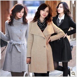 There Colors 2012 New Winter Women Manufactory Supply Double -Breasted Slim FIt Long Cashmere Coat Belted Outwear S-XL