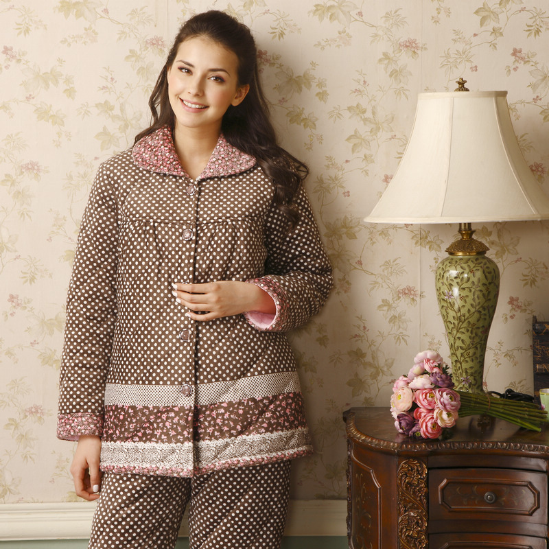 Thermal autumn and winter women's thickening noble gentlewomen coral fleece cotton-padded sleep set