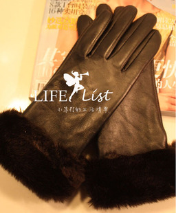 Thermal black elegant sheepskin gloves women's yarn genuine leather gloves