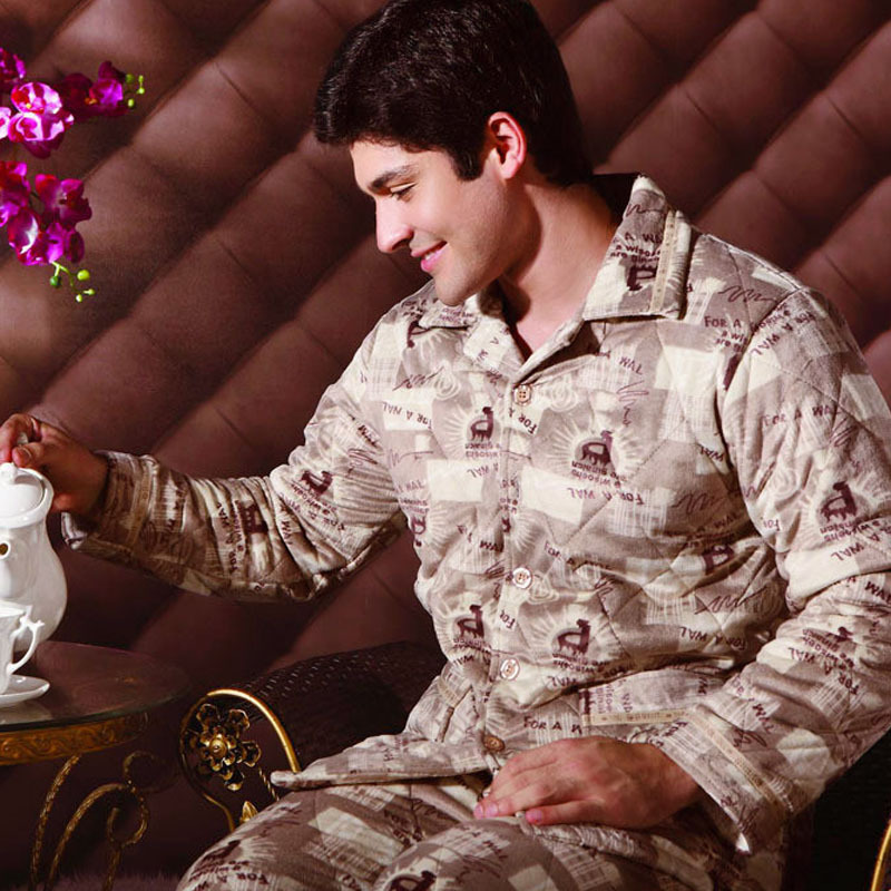 Thermal male super soft thickening print velvet cotton-padded sleepwear lounge