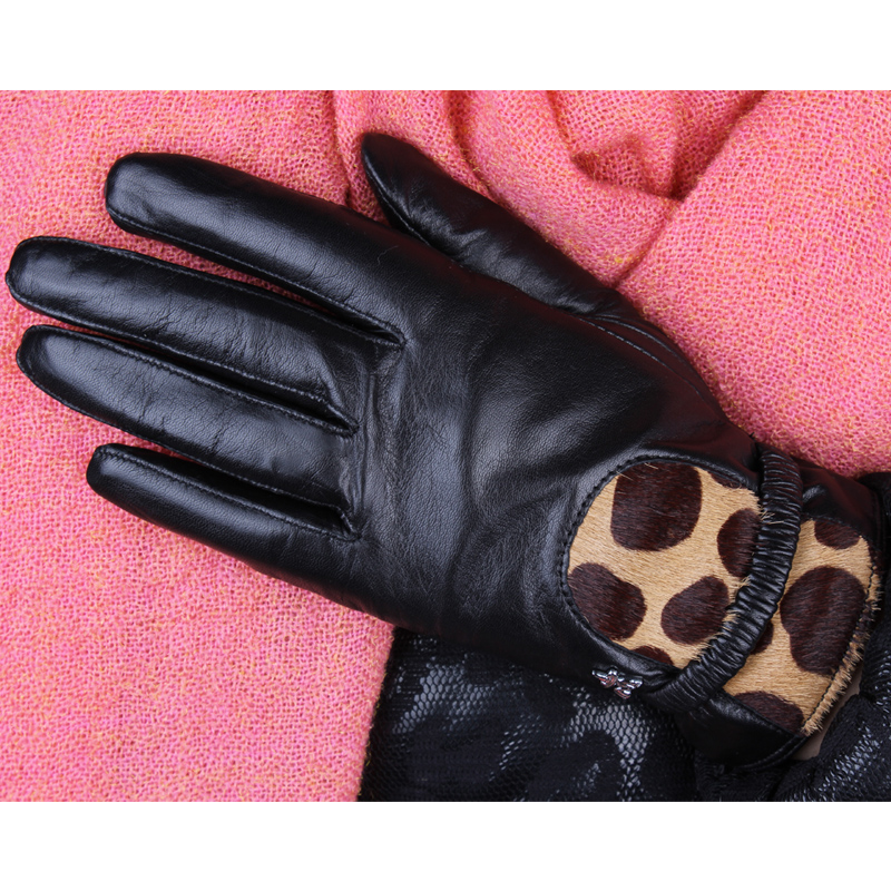 Thermal plus velvet women's genuine leather sheepskin gloves fashionable casual leopard print
