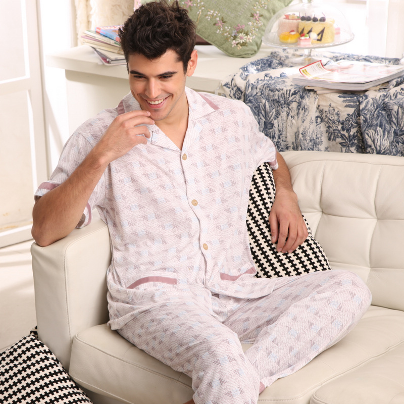 Thermal spring and summer new arrival knitted cotton short sleeve length pants men's sleepwear lounge set brief casual