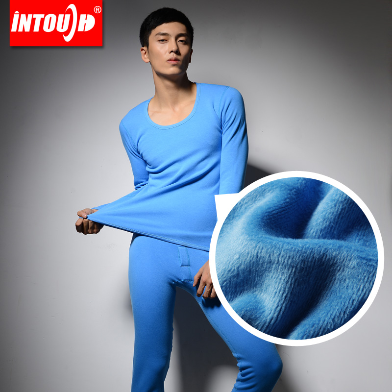 Thermal underwear male plus velvet thickening tights 100% cotton low collar o-neck thermal underwear set long hair