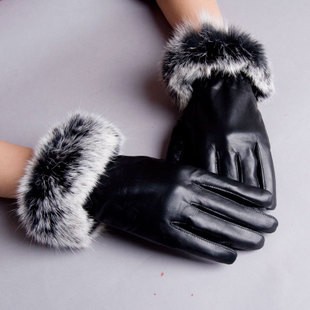 Thermal women's fashion genuine leather gloves sheepskin gloves thin rabbit fur gloves