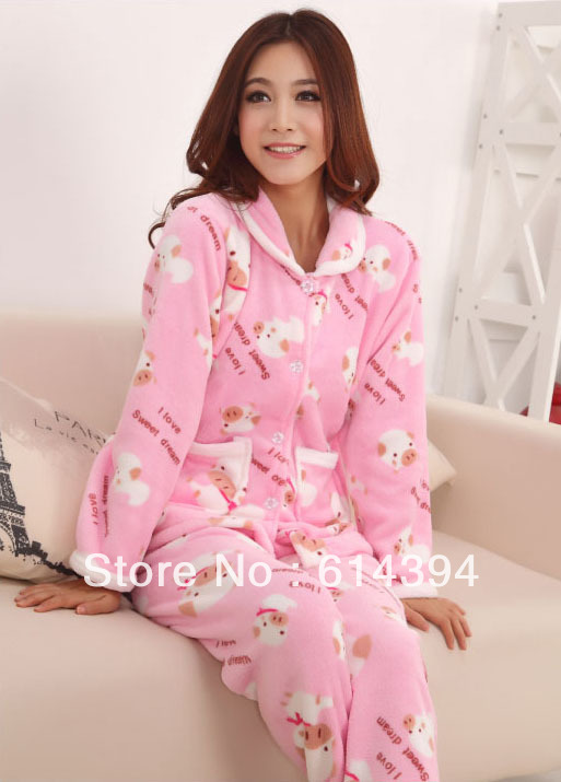 thick coral fleece lady pajamas winter long sleeve women sleepcoat suite trousers free shipping drop shipping--ChinaChance--SYF4
