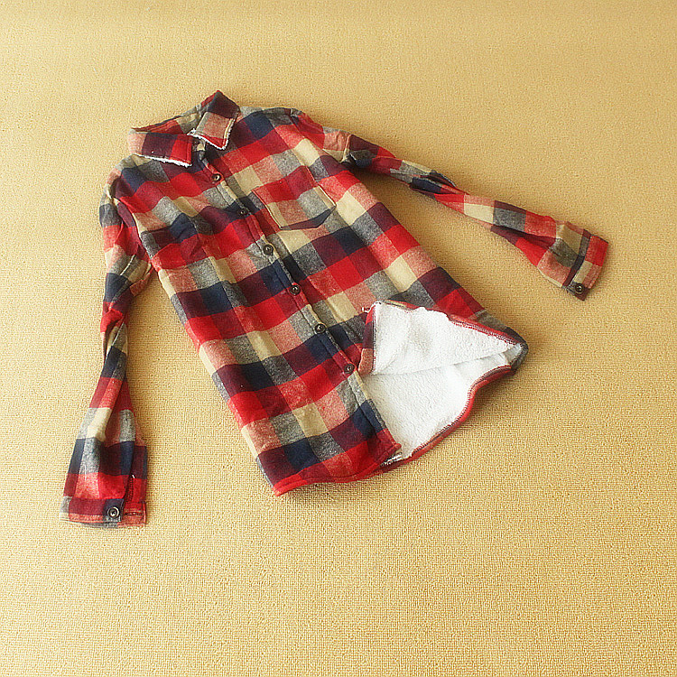 Thickening berber fleece thermal plus velvet size preppy style female plaid shirt