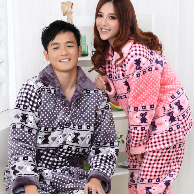 Thickening coral fleece cotton-padded lovers sleepwear flannel at home service men's set lounge male women's