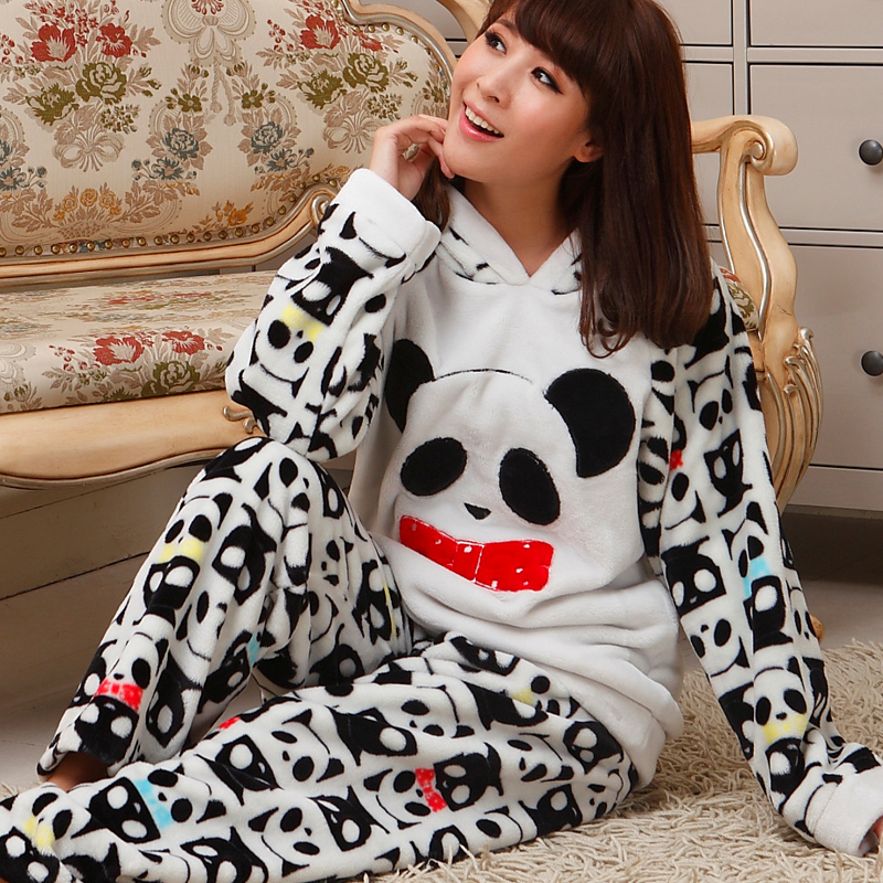 Thickening coral fleece sleepwear women's winter cartoon panda long-sleeve lounge set