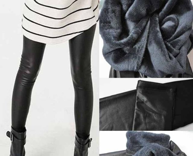 Thickening infrared coral fleece double layer thermal legging faux leather ankle length trousers - black