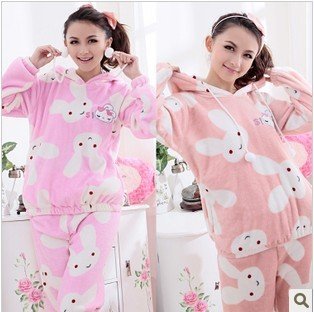Thickening lovely rabbit female qiu dong coral flocking suit 2012 princess even cap pajamas household to take