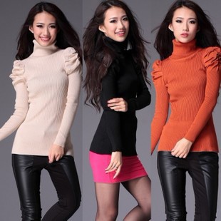 Thickening medium-long puff sleeve turtleneck sweater basic shirt plus size basic sweater pullover female