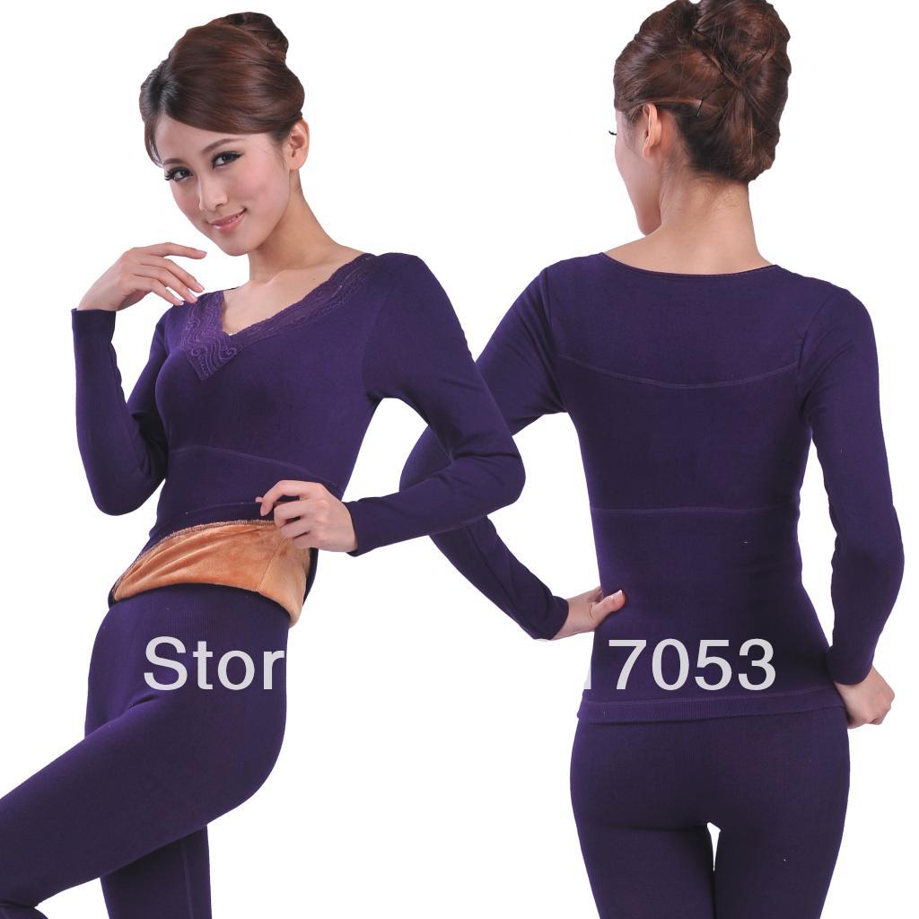 Thickening plus velvet strengthen kneepad golden flower sexy lace V-neck women's winter thermal underwear set