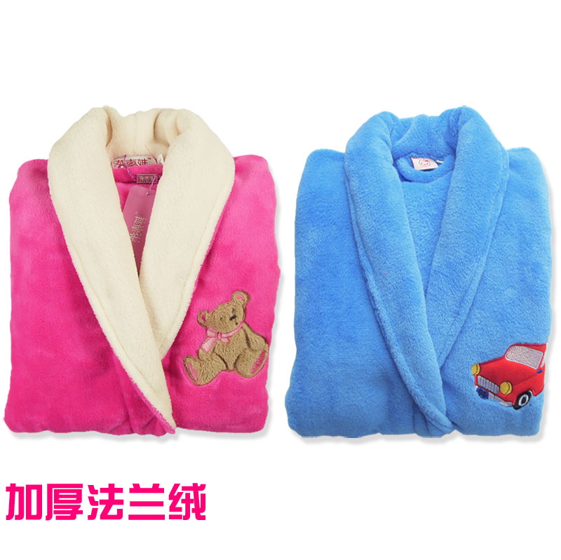 Thickening rose bear blue car thermal flannel Small male female child robe 3 - 12