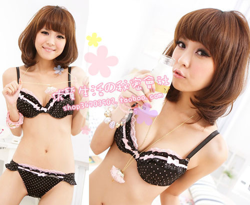 Thickening satin polka dot princess ruffle bow bra set . underwear