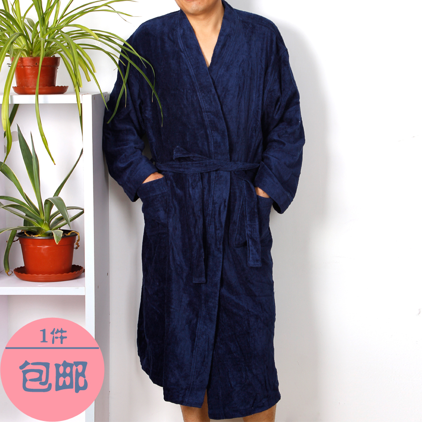 Thickening solid color dark color cotton towel terry male winter long design bathrobe robe