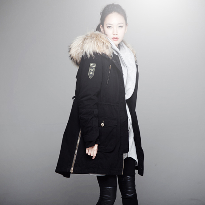 Thickening Supercorp Raccoon Fur Wadded Jacket, classic black cotton-padded fur hooded winter parka/coat