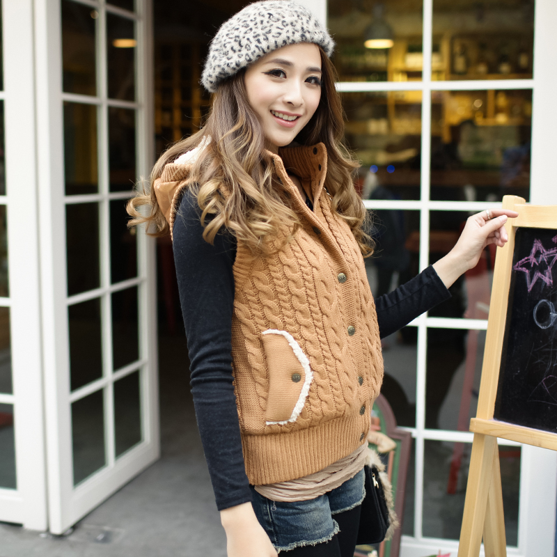 Thickening sweater female thermal slim with a hood vest women knitted sweater outerwear female