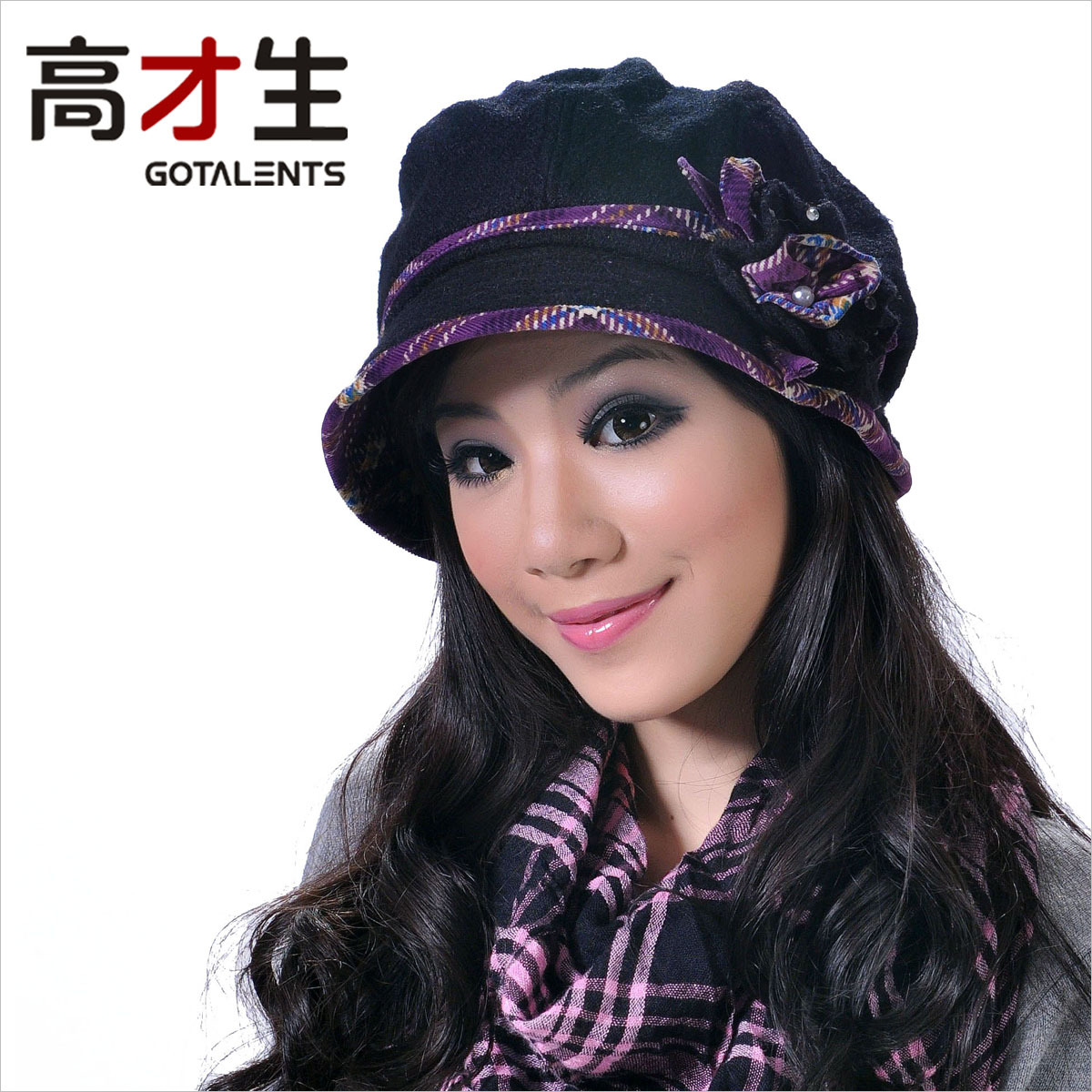 Thickening thermal autumn and winter female hat pearl flower octagonal cap