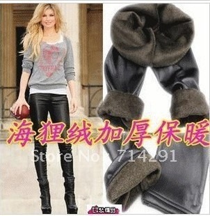 Thickening thermal beaver velvet double layer thermal faux leather legging warm pants leather pants free shipping