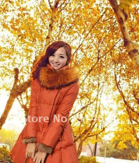 Thickening ultralarge raccoon fur medium-long candy color doll collar cloak down coat,three colors,round and square collars