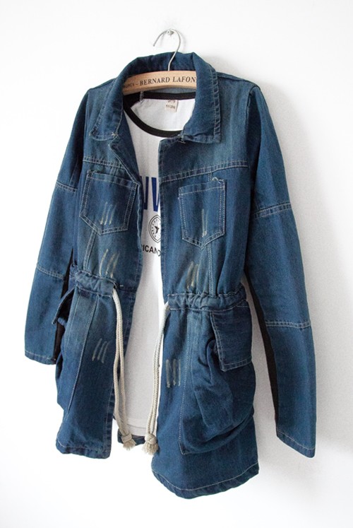 Thin drawstring slim waist slim yarn knitted sleeve turn-down collar tooling pocket denim trench medium-long outerwear