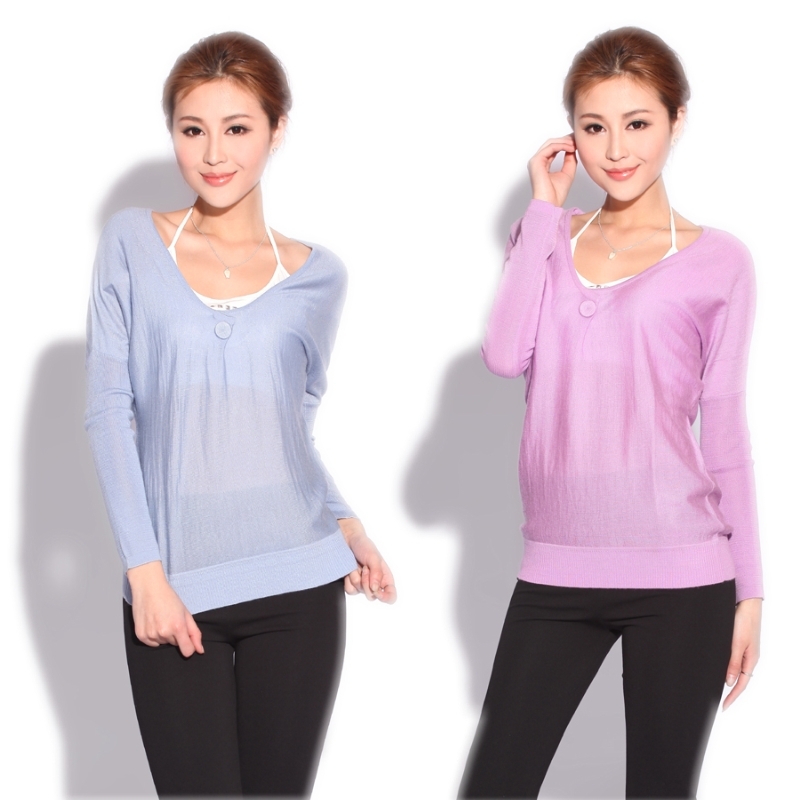 Thin knitted sweater V-neck one button batwing type sheep wool knitted pullover long-sleeve basic sweater free shipping