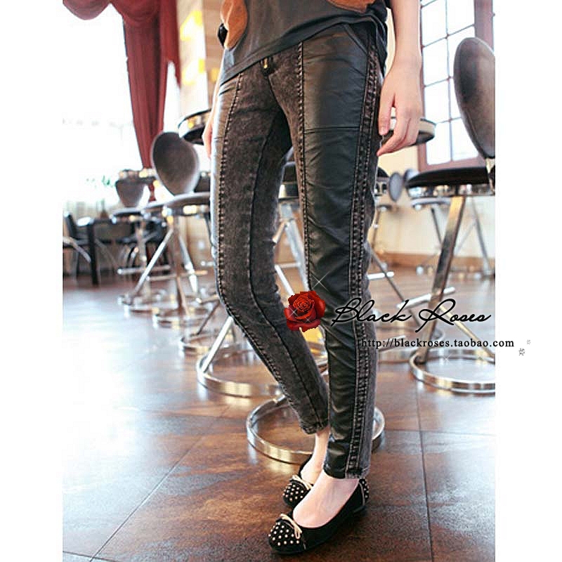 Thin PU patchwork jeans sexy female all-match personality skinny pants leather pants trousers free shipping