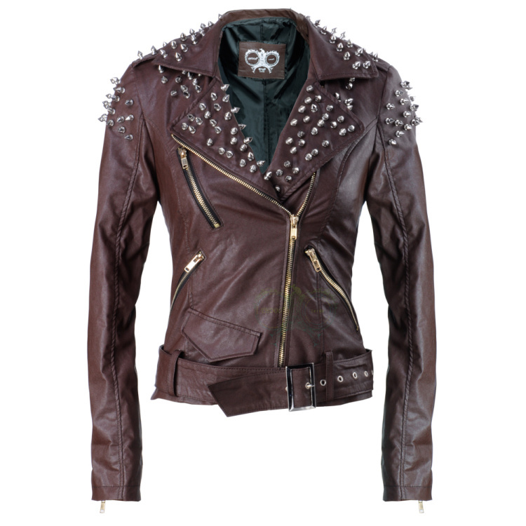 THOOO Brand brown Women Rock Punk Rivets Studded Blazer Coat PU Leather Motorcycle Moto Jacket Free ship factory direct sales